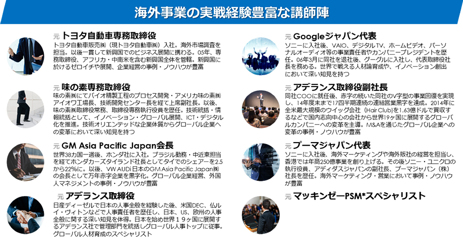 海外事業の実戦経験豊富な講師陣